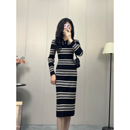 由靚30歲女人穿的氣質(zhì)女裝毛線裙連衣裙秋冬撞色條紋款針織女復(fù)古顯瘦 黑色 S