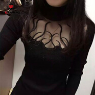AEMAPE秋冬韓版時尚性感蕾絲拼接鏤空針織衫打底顯瘦修身彈力套頭毛衣女 黑色(半高領火焰) M