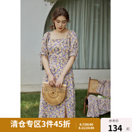 獨束大碼女裝收腰碎花連衣裙女夏裝新款遮肉顯瘦開叉茶歇裙 紫色（DY） 2XL