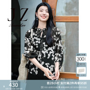 玖姿·安娜蔻浪漫風(fēng)花苞系帶雪紡剪花插肩九分袖上衣女夏款 花黑-第二批KWFX80107 M