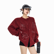 ICH MODE美式復古圣誕針織毛衣開(kāi)衫女2025新款秋冬休閑毛衣外套酒紅色M