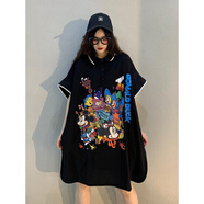 GOYN大碼女裝胖mm300斤歐貨時尚潮牌polo領(lǐng)連衣裙夏季寬松蝙蝠型T恤裙 黑色【版】 L _建議80-115斤