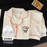 綴櫻奶乎乎簡(jiǎn)約波點(diǎn)帶胸墊睡衣女秋冬季純棉綢云朵棉紗長(cháng)袖家居服套裝 云朵棉【固定胸墊】波點(diǎn)KT貓【長(cháng) XL 女款(建議120-140斤)