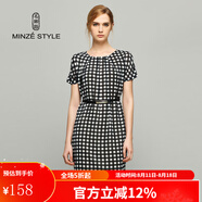 名師路格紋連衣裙女夏裝歐美休閑簡(jiǎn)約通勤短袖圓領(lǐng)拼接雪紡燈籠裙連衣裙 4S52429黑白格90 L