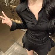 九寸陽光收腰褶皺短款連衣裙女2025秋季新款法式小眾設(shè)計(jì)polo領(lǐng)修身a字裙 收腰褶皺a字裙 L