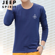 JEEP SPIRIT吉普潮流男士長袖t恤純棉V領(lǐng)2025新款上衣服春季純色白t恤打底衫 長船錨藏青色 M