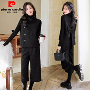 皮爾卡丹小香風(fēng)亮片氣質(zhì)毛呢馬甲2025新款套裝時尚蝴蝶結(jié)闊腿褲三件套 A5566黑色【三件套】 S 建議80-100斤