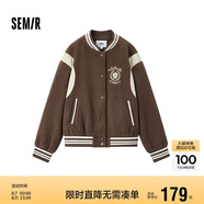 森馬（Semir）外套女刺繡拼接撞色寬松夾克2024冬季仿毛呢棒球服109724108004
