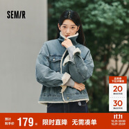 森馬（Semir）牛仔外套女拼接仿兔毛翻領寬松港風冬季落肩夾棉夾克103724108001