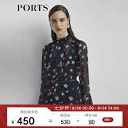PORTS寶姿新品女裝宮廷復古荷葉袖雪紡襯衫LL8B090KPP052 黑色印花 L (8)