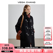 VEGA CHANG黑色毛呢子大衣女2025秋冬新款格紋中長(zhǎng)款大衣 鋯石黑 S