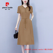 皮爾卡丹（pierre cardin）媽媽夏裝氣質(zhì)真絲連衣裙女夏季2025新款時尚收腰顯瘦時髦洋氣裙子 卡其色 L 建議90-105斤