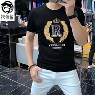 狄帝鯊 歐洲站夏季新款潮流時(shí)尚男裝重工燙鉆冰絲t恤男印花棉質(zhì)短袖男士 港灣-D139純棉【黑色】 L