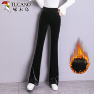 啄木鳥(niǎo)小嗽叭褲2025新款長(cháng)褲平絨闊腿褲女秋冬季金絲絨微喇叭褲女褲保暖 黑色(加絨) 加厚 L 建議106-118斤