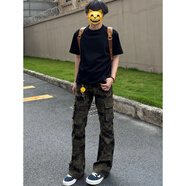 Shelley Jones美式高街迷彩牛仔褲男夏秋季新款工裝褲子修身窄版休閑直筒微喇褲 迷彩色 M [推薦80-100斤]