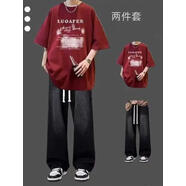 珂梵圖創(chuàng  )衿渠夏季潮流純棉短袖休閑套裝男生T恤高街搭配牛仔褲帥氣兩件 酒紅色上衣+黑色牛仔褲 M 均碼
