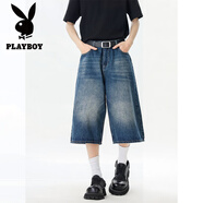 花花公子（PLAYBOY）闊腿7分牛仔褲男夏季港風(fēng)復(fù)古水洗做舊直筒牛仔中褲男短褲 GXX68-藍色 XL 建議135-150斤