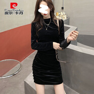 皮爾卡丹（pierre cardin）秋冬新款女裝長(cháng)袖黑色修身顯瘦收腰絲絨打底裙絲滑高領(lǐng)包臀連衣裙 黑色 L