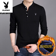 花花公子（PLAYBOY）高端純棉長(cháng)袖t恤男秋冬內衣加絨立領(lǐng)保暖體恤純色打底衫加厚男裝 8165黑色加絨 純棉 加厚 4XL 190【180斤-200斤左右】