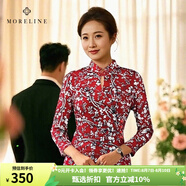 MORELINE沐蘭新中式復古旗袍領(lǐng)盤扣T恤女2024秋新款修身印花百搭長袖體恤 紅啡花 2XL