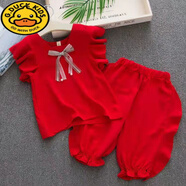 G.DUCKKIDS女童夏季套裝2025新款女寶寶衣服韓版T恤短褲中小童飛袖兩件套 蝴蝶結(jié)雪紡套裝大紅色 90 y（80 建議8-12個(gè)月）
