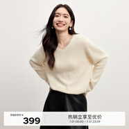 伊芙麗（eifini）【100%綿羊毛】伊芙麗V領(lǐng)波點(diǎn)蕾絲拼接針織套頭毛衣2024秋新款 米白預(yù)售 155/80CM/S 80-110斤