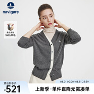 Navigare意大利小帆船純羊毛女士毛衣秋冬寬松V領(lǐng)開衫假兩件保暖羊毛衫女 暗巖灰/白 L