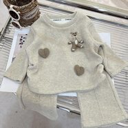 G·DUCK KIDS2025秋冬新款燕麥色卡通衛(wèi)衣長褲加絨套裝森系女童裝兩件套韓版 愛心卡通熊套裝 80
