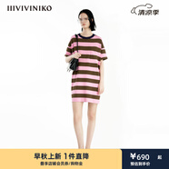 IIIVIVINIKO2024夏季新款休閑H型條紋短袖T恤連衣裙女R421102649C 粉紅 S