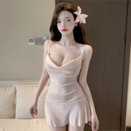 吊帶連衣裙女夏季獨特漂亮氣質(zhì)收腰氣質(zhì)禮服短裙子吊帶掛脖純色 杏色 L