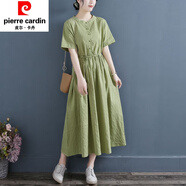 皮爾卡丹（pierre cardin）日韓尾貨品牌剪標(biāo)棉麻連衣裙女短袖收腰大擺長裙亞麻襯衫裙子氣質(zhì) 綠色 M
