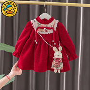 G.DUCKKIDS女童連衣裙秋冬加絨款中國風(fēng)嬰兒童公主裙子周歲禮服女寶寶拜年服 公仔兔紅色 80 建議9-12個(gè)月