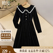 她池收腰連衣裙2025秋裝新款女裝赫本風(fēng)燈籠袖優(yōu)雅中長(cháng)裙