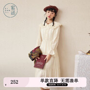 紫涵（ZIHAN）紫涵鏤空娃娃領(lǐng)連衣裙女秋季甜美收腰喇叭袖A字中長裙子 米色 M