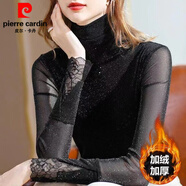 皮爾卡丹（pierre cardin）歐洲站打底衫女網(wǎng)紗洋氣t恤2025年春秋新款氣質(zhì)高領(lǐng)蕾絲亮絲上衣 黑色 加絨 L 105-115斤