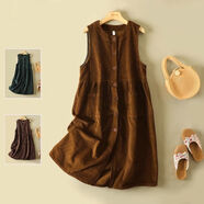 夏典素訂女王（SE.PSTP）復古拼接燈芯絨高腰連衣裙秋冬寬松圓領(lǐng)開(kāi)衫長(cháng)款顯瘦純色背心裙子 卡其色 M 建議110斤以下