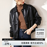 尚都比拉干練帥氣經(jīng)典百搭翻領(lǐng)口袋設計機車(chē)夾克女皮衣 黑色 M 