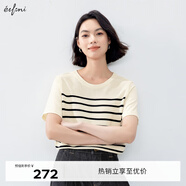 伊芙麗（eifini）伊芙麗針梭織拼條紋套頭通勤短袖針織衫女2024夏裝新款簡約上衣 米色 155/80CM/S