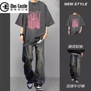 愛洛斯汀堡（Elos Castle）夏季短袖t恤套裝潮流男裝高街一套搭配牛仔褲痞帥學(xué)生炸街兩件套 T581深灰加K40藍(lán)褲 XL 【125-140斤】