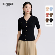 深呼吸DEEP BREATH女裝V領(lǐng)裝飾扣短袖純羊毛針織衫女A301210 黑 L (4)