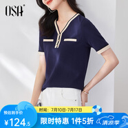 歐莎（OSA）小香風短袖冰絲薄款針織衫女夏季新款T恤外穿v領上衣 藍色 M