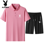 花花公子商務(wù)休閑冰絲短袖t恤男裝夏季薄款中青年polo領(lǐng)體恤衫上衣 粉色+短褲 L 碼建議100-125斤