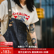 馬登女裝 美式復古重磅連體工裝褲休閑直筒闊腿長(cháng)褲寬松牛仔背帶褲 牛仔藍 （版型偏大，建議拍小一碼）馬登工裝 L