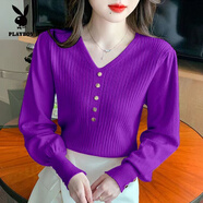 花花公子（PLAYBOY）春裝2026新款v領(lǐng)針織衫泡泡袖打底衫女寬松內搭顯瘦薄款毛衣春秋 紫色 XL 120-135