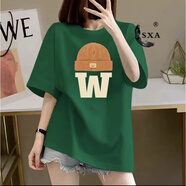 SXA香港潮牌短袖T恤女2025夏季新款純棉T恤女圓領(lǐng)印花半袖寬松顯瘦上  墨綠色落肩 M (110-125斤)