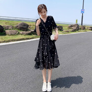 藝璽酩小個子黑色波點雪紡連衣裙女夏2025新款修身顯瘦v領(lǐng)仙女a(chǎn)字裙子女 黑色 M 建議101-110斤