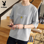 花花公子（PLAYBOY）夏季7分七分袖短袖T恤男潮流寬松6六分半袖港風(fēng)5五分中袖體恤 灰色 3XL (160-185斤)