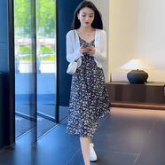 AEMAPE品牌高端裙子女裝2025新款夏季氣質(zhì)復(fù)古開(kāi)衫吊帶碎花連衣裙兩件套 白色 兩件套 M 建議95-105斤