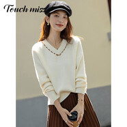 塔馳密司（touchmiss）優(yōu)雅風(fēng)鏤空釘珠V領(lǐng)線衫女2025秋季新款氣質(zhì)慵懶風(fēng)針織衫上衣 米白 L