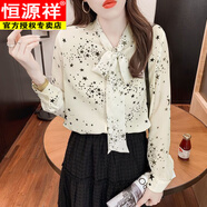 恒源祥雪紡襯衫女2025年春秋新款蝴蝶結(jié)系帶洋氣小衫印花小清新甜美上衣 杏色 S 80-95斤